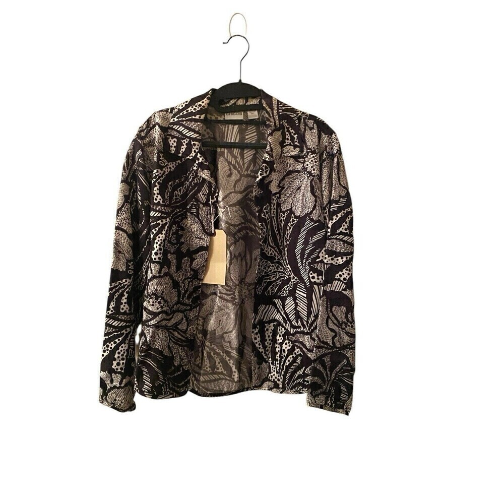 Chico's Shirt Women's 1 Black White Floral Print Rayon Long Sleeve Button-Up